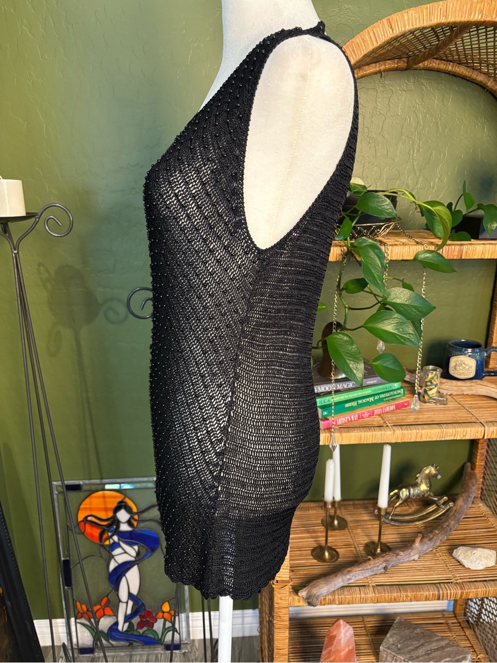Black Seed Beaded Sleeveless Crochet Sheer Intricate Tank Top - Picture 4 of 5